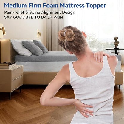 Vipbear Short King Size 4 Inch Mattress Topper, Cooling Gel Memory Foam with Bamboo Fiber Cover, Medium Firm Spine Support
