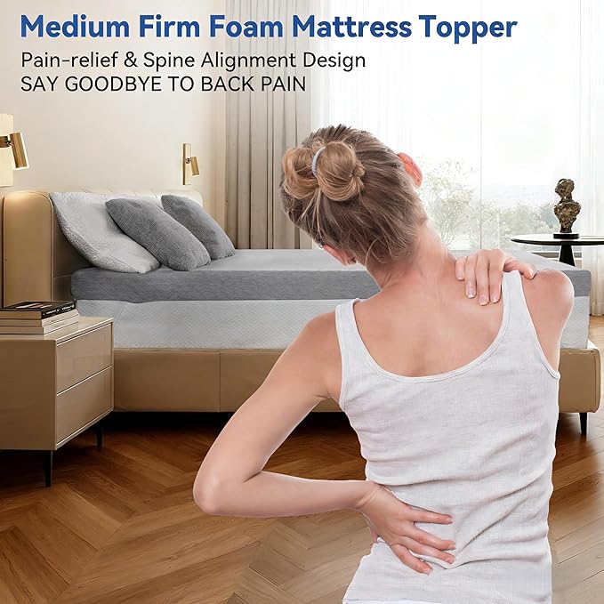 Vipbear Short Queen Size 4 Inch Mattress Topper, Cooling Gel Memory Foam with Bamboo Fiber Cover, Medium Firm Spine Support