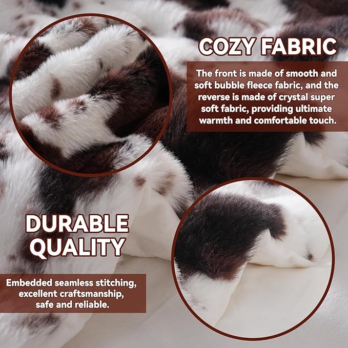 Cow Print Heating Throw Blankets Luxurious Western Soft Bubble Faux Rabbit Fur 8 Heat Settings Overheat Protection Quick Heating Electric Heated Blanket 50"x60"(Brown)