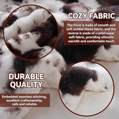 Cow Print Heating Throw Blankets Luxurious Western Soft Bubble Faux Rabbit Fur 8 Heat Settings Overheat Protection Quick Heating Electric Heated Blanket 50"x60"(Brown)