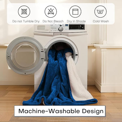 Electric Heated Blanket Twin Size 62"×84", 5 Heat Settings- 10H Auto Shut Off Flannel Material&Sheepskin Fabric, Machine Washable, Dark Blue&White