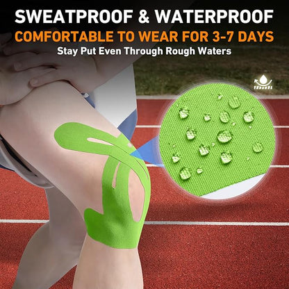 PreCut Kinesiology Tape for Knees, 24PCS Waterproof KTQUICK Knee Tape for Knee Pain Relief Pre Cut, Original Cotton Athletic Knee Tape, Waterproof & Hypoallergenic Latex-Free for Sports(Green)