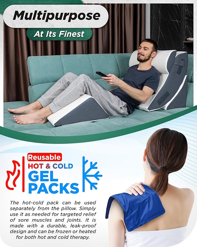 Lunix 4pcs Orthopedic Bed Wedge Pillow Set, Post Surgery Memory Foam for Back, Knee, Leg Pain Relief, Sitting Pillow for Sleeping, Acid Reflux, GERD, with Hot Cold Pack, Navy