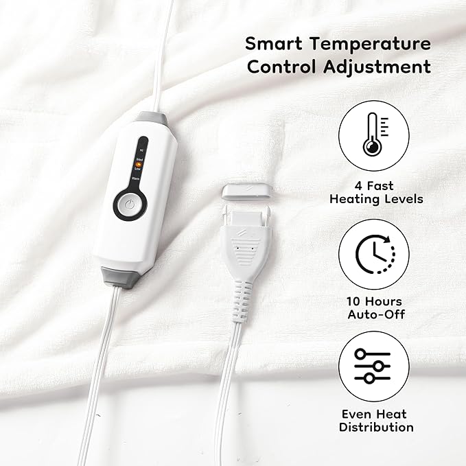 Electric Heated Blanket Full Size 72×84, Breathable & Luxurious Flannel,Soft Warm Gift with Over-Heat Protection,4 Heating Levels & 10 H Auto Shut Off, Machine Washable, White