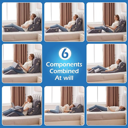 6PCS Orthopedic Bed Wedge Pillow Set for Sitting up in Bed, Memory Foam Post Surgery Pillow for Back Pain Relief, Back Support Pillow for Acid Reflux Relief, GERD, Anti Snoring (Plush Grey)