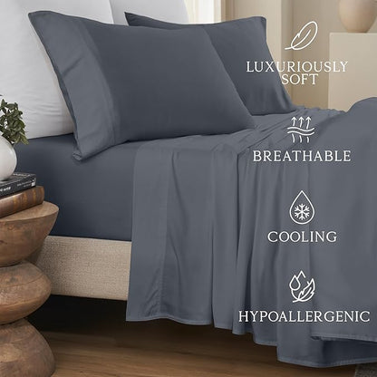 KARISSA MAE Cooling Bamboo Viscose Split King Sheet Set | 100% Organically Grown | 18” Deep Pocket | Silky, Soft, & Hypoallergenic | with Organizer Band & Elastic Corner Straps [Charcoal Grey]