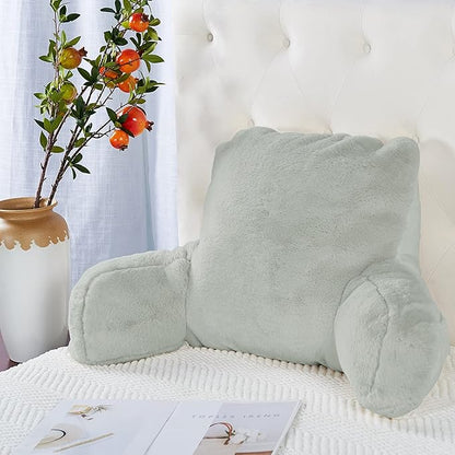 Plush Faux Fur Backrest Reading Bed Rest Pillow with Arms and Pockets for Sitting in Bed Couch Sofa, Back Support Wedge Cushion with Removable Cover, 20" x 18" x 17", Light Gray