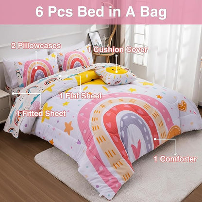 A Nice Night Lightweight Soft Cartoon Rainbow 6Pcs Queen Comforter Sets, Love Hearts Printed Bedding Set for Boys Girls(White,Queen)