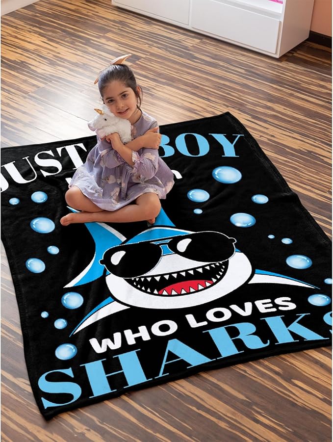 Custom Just A Boy Who Loves Sharks Blankets Gifts for Kids Adult On Bed Sofa,Personalized Premium Flannel Blankets for Birthday Christmas Thanksgiving All Season Use 40''x 50'' -S