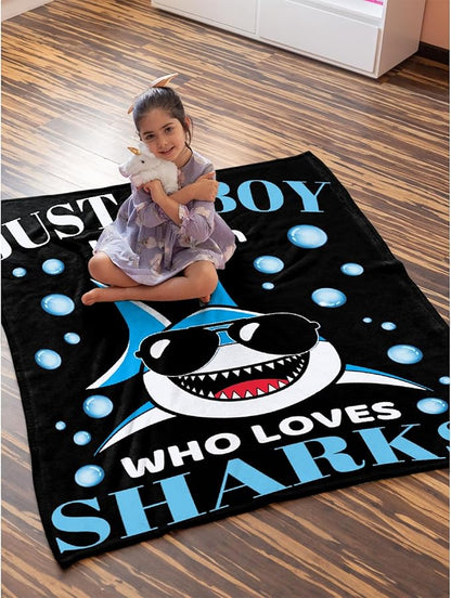Custom Just A Boy Who Loves Sharks Blankets Gifts for Kids Adult On Bed Sofa,Personalized Premium Flannel Blankets for Birthday Christmas Thanksgiving All Season Use 40''x 50'' -S
