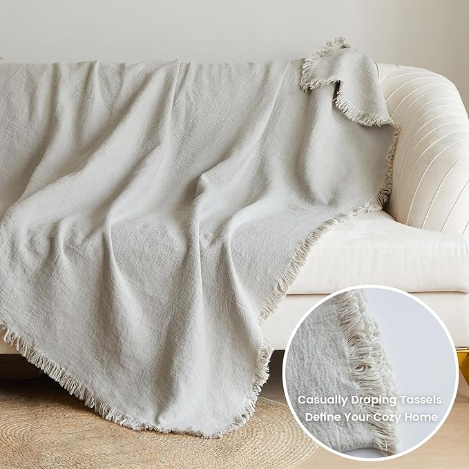 Simple&Opulence 100% Linen Throw Blanket 55x75 inches, Farmhouse Boho Tassel Blanket for Couch, Bed, Sofa, Breathable Natural Cozy Décor, Linen