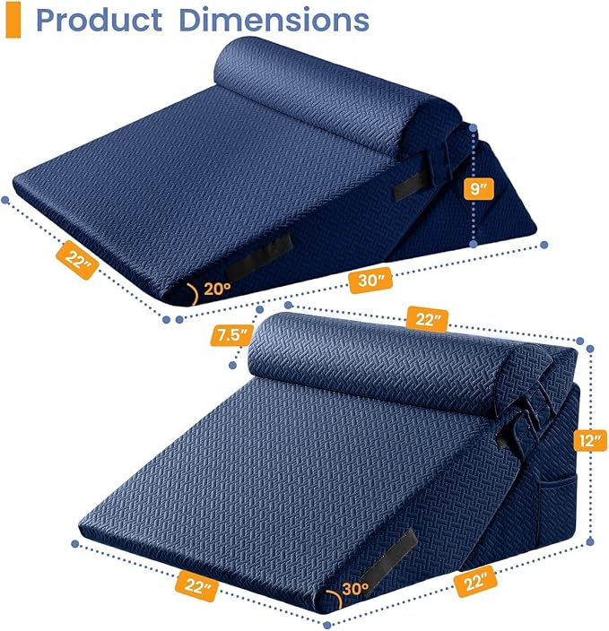 Sasttie Wedge Pillow Set for After Surgery, 2PCS Adjustable Bed Wedge Pillow Headboard with Memory Foam Neck Cushion – for Acid Reflux, Sleeping, Neck & Back Support, Navy