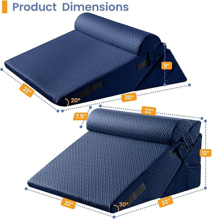 Sasttie Wedge Pillow Set for After Surgery, 2PCS Adjustable Bed Wedge Pillow Headboard with Memory Foam Neck Cushion – for Acid Reflux, Sleeping, Neck & Back Support, Navy