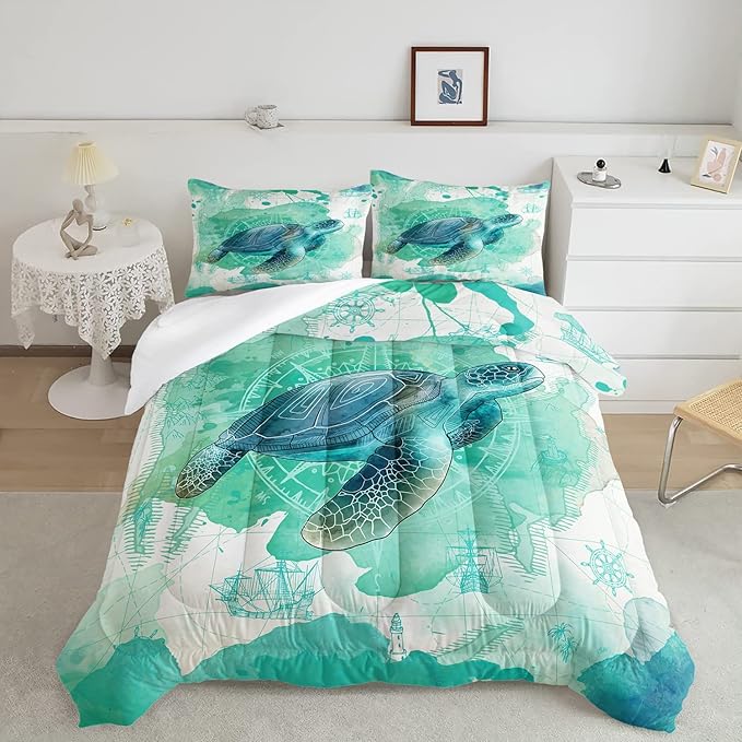 CVHOUSE Sea Turtle Comforter Twin - Ocean Bohemia Quilt Set with 1 Comforter and 2 Pillow Cases