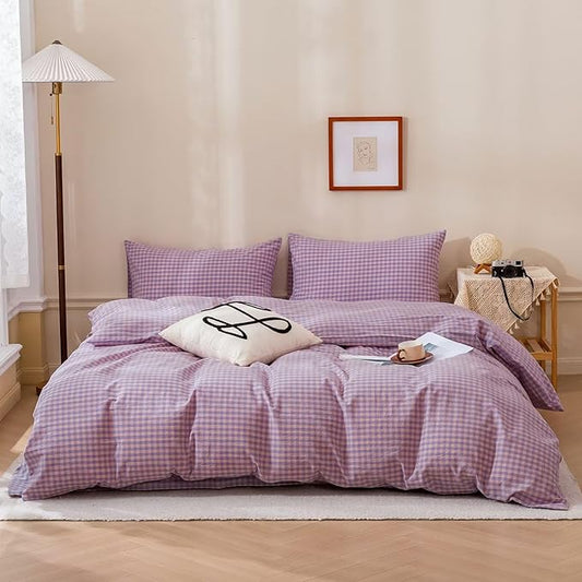 BuLuTu Purple Check Duvet Cover Set Queen Cotton Soft Breathable Bedding Duvet Cover for Kids Boys Buffalo Plaid Purple Comforter Cover Set 【 3Pcs -1 Queen Duvet Cover Set + 2 Pillowcases】