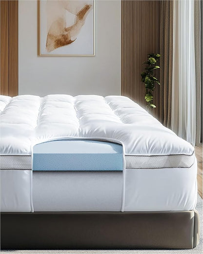 ViscoSoft 4 Inch Pillow Top Memory Foam Mattress Topper Short Queen - Cooling Hybrid Lux Dual Layer RV/Camper Mattress Pad - CertiPUR-US Certified