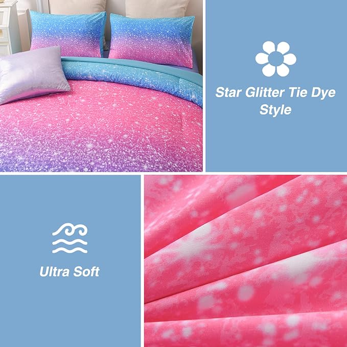 A Nice Night 6Pcs Gradient Glitter Bedding Set for Girls Twin Size, Colorful Rainbow Galaxy Comforter Set, Ultra Soft Bedding Sets, Blue