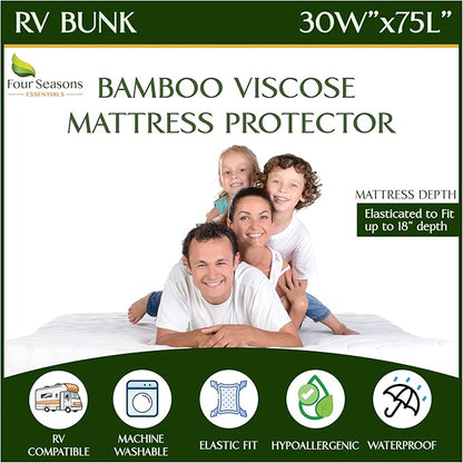 Four Seasons Essentials RV Bunk Size Waterproof Mattress Protector - Cooling Viscose derived from Bamboo Fitted Sheet Mattress Cover - Quilted Jacquard Pad Protects from Dust Allergens