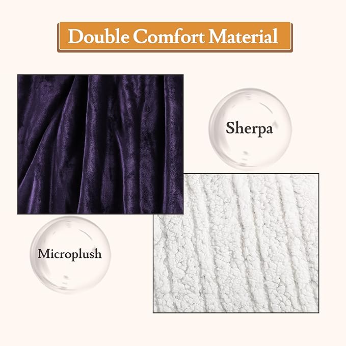 Electric Heated Blanket Flannel & Sherpa 62"x84" Twin Size - 4 Heat Levels, 10H Auto Shut Off, Fast Heating, Cozy and Comfortable, Warm Gifts, Machine Washable - Purple