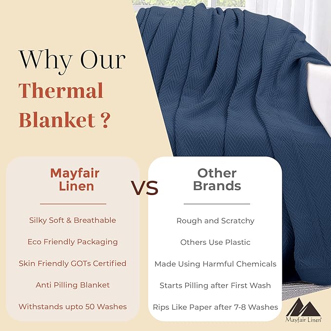 Mayfair Linen 100% Pure Cotton, Luxury Full/Queen Size Medium Blue Blanket - Herringbone Pattern, Soft &Cozy Premium Fall Bed Throw Blanket for All Seasons, 350GSM & 90x92 with Free Tote Bag.