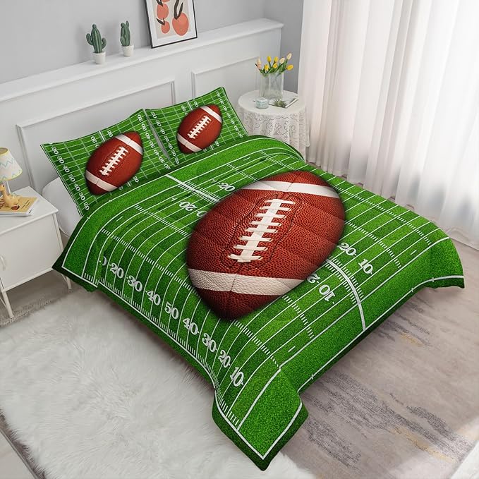 Kids Comforter Set Football Theme Printed Pattern Bedding Set with 1 Comforter and 2 Pillowcases for Girls Boys Bedroom All Season(B-Football Theme01 Full)