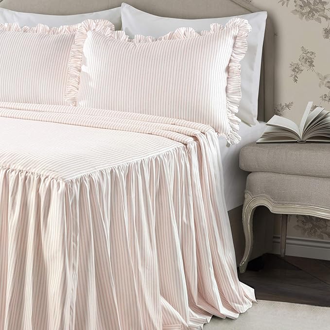 Lush Decor Ticking Stripe Bedspread Queen Size 3 Piece Set Blush - Ruffle Bedding Set Queen Bedspreads - Striped Bedding - Farmhouse & Coquette Decor