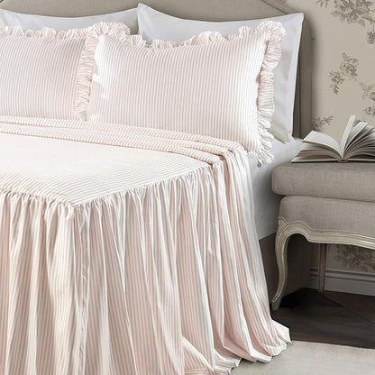 Lush Decor Ticking Stripe Bedspread Queen Size 3 Piece Set Blush - Ruffle Bedding Set Queen Bedspreads - Striped Bedding - Farmhouse & Coquette Decor