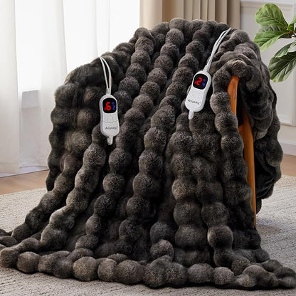Heated Blanket King Size with 1/2/4/6/8 Hours Auto-Off 10 Heat Level, 90'' * 100'' Cozy Faux Rabbit Fur Bubble Electric Blanket with Overheat Protection(Tie-Dye Dark Grey)