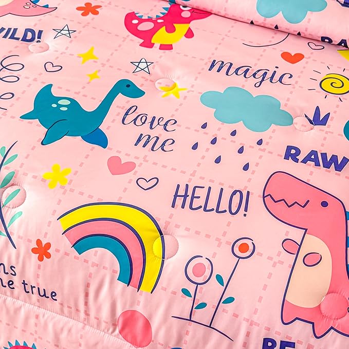 MWMWMW Kids Dinosaur Comforter Set Full, 5 Pcs Girls Bed in a Bag, Pink Dinosaur Bedding Full Size, Kids Comforter Sets for Girls with 1 Comforter, 1 Flat Sheet, 1 Fitted Sheet and 2 Pillowcases