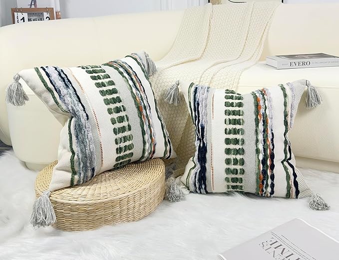 Boho Throw Pillow Covers 18x18 Aesthetic Neutral Boucle Couch Pillow Cover Rainbow Striped Decorative Accent Pillow Case for Couch Bed Sofa Farmhouse Bedroom,Modern Funky,Set of 2 Sage Green