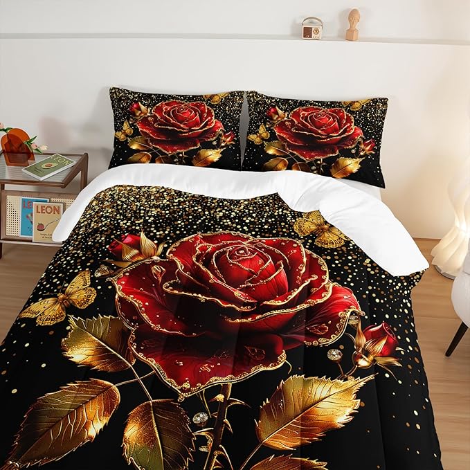 Gold Red Rose Comforter Set Twin Size,Golden Glitter Butterfly Pattern Bedding Set for Girls Women Couple Lover,Romantic Valentine's Day Floral Themed Bedding Set with 2 Pillowcases.