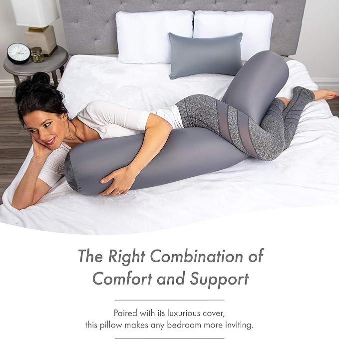 Straight Body Pillow, Full Size Premium Microbead,Side Sleeping/Maternity Pregnant Women, Supportive,Fluffy, Breathable, Cooling, 85/15 Spandex/Nylon Silky Anti-Aging Cover - 48 X 8 - Dark Grey