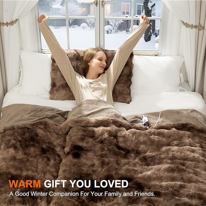 Faux Fur Heated Blanket Throw for Couch - 50"X60" Bubble Faux Fur Electric Blanket Fluffy Fuzzy Soft Thick with 6 Fast Heating Levels & 4 hrs Timer Settings, Washable & ETL Certified, Tie-Dye Brown