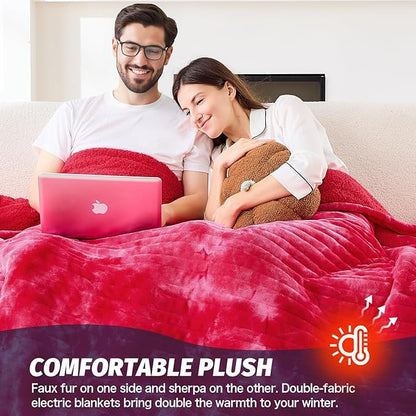greenoak Heated Electric Blanket Throw, Faux Fur Sherpa Heating Blanket for Sofa Bed, Warm Winter Gifts for Mom/Grandma, Heater Lap Blankets 5-Position Timer &10 Heating Levels 72''*84" Red