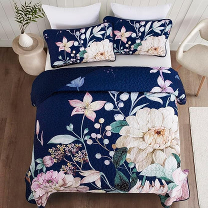Drucon Floral Quilt King Size - 3 Pieces Navy Blue Quilt Botanical Bedspread Soft Lightweight Flower Bedding Set for All Season (104"x90")