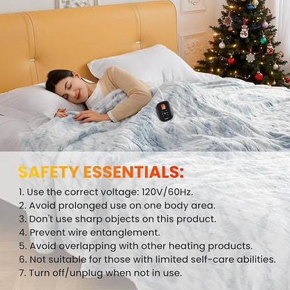 WOOMER Heated Blanket Full Size 77" x 84", Electric Blanket with 0.5-12 Hours Timer & 10 Heating Levels, ETL Certified, Marble Blue Double-Sided Faux Fur, Over-Heat Protect, Machine Washable