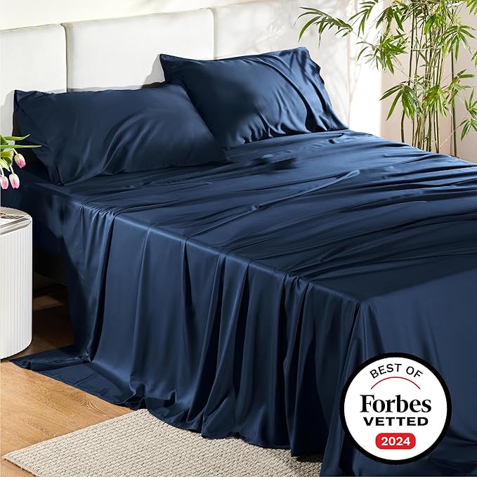 Bedsure King Size Sheets Set, Cooling Sheets for Hot Sleepers, Rayon Derived from Bamboo, Breathable & Soft, Deep Pocket Up to 16 Inches, Hotel Luxury Silky Bedding, Navy