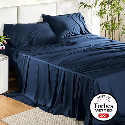 Bedsure King Size Sheets Set, Cooling Sheets for Hot Sleepers, Rayon Derived from Bamboo, Breathable & Soft, Deep Pocket Up to 16 Inches, Hotel Luxury Silky Bedding, Navy