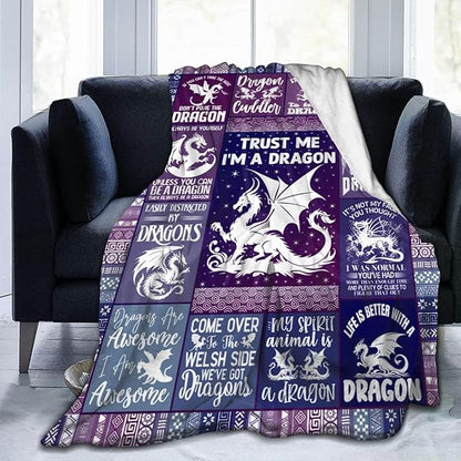 Dragon Blanket for Boys Girls, Cute Dragon Themed Design Printed Purple Throw Blankets for Kids Lap, Chair, Warm Soft Cozy Blanket, 30"x 40"