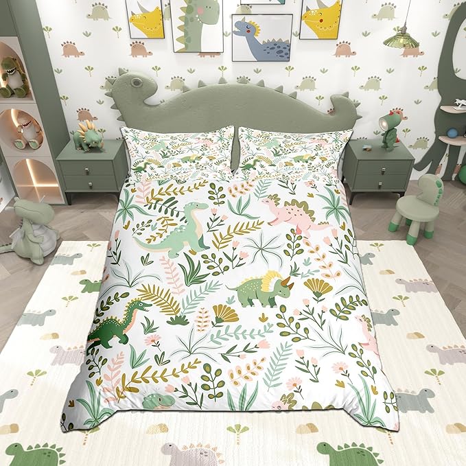 Castle Fairy Cute Dino Kids Duvet Cover Set Full Size,Kawaii Pink Green Dinosaur Comforter Cover with 2 Pillowcases,Cartoon Wildlife Floral Leaves Plant Breathable Bedspread for Boys Teens