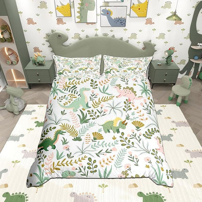 Cute Dino Kids Bedding Set Twin Size,Kawaii Pink Green Dinosaur Comforter Cover Set for Kids Girls,Cartoon Wildlife Floral Leaves Plant Bedding Quilt Cover Set Bedroom Decor, 2 Pcs