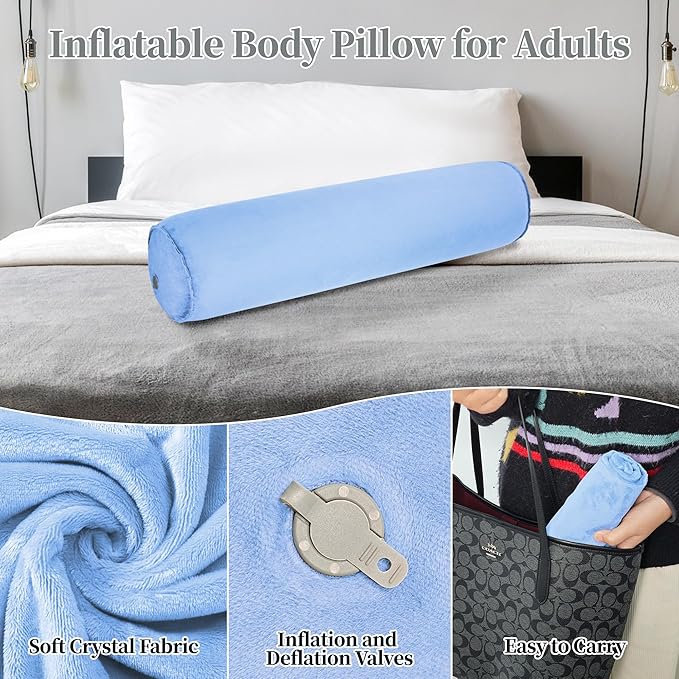Inflatable Body Pillow for Adults Kids, 47 Inch Body Pillows for Side Sleeper, Travel Body Pillow for Bed, Bolster Pillow, Round Cervical Cylinder Pillow for Sleeping
