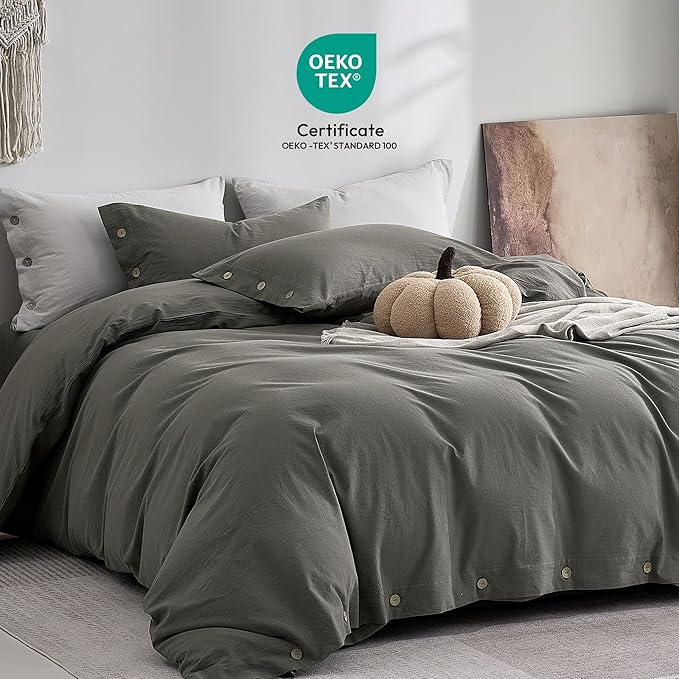 JELLYMONI 100% Washed Cotton Duvet Cover Queen – Soft, Breathable Linen-Look Bedding with Natural Wrinkle Texture, Button Closure, 3-Piece Set (Dark Grey, 90"x90")