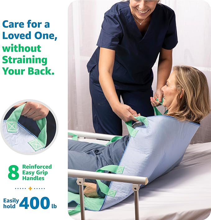Improvia Positioning Bed Pad, with 8 Reinforced Handles, Quick-Drying, Washable, Waterproof, for Lifting, Turning, Transfering, Elderly and Incontinence Patients (Green, 34" x 52" - Pack of 1)