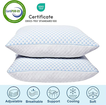 XWZO Cooling Pillow 2 Pack King Size Pillows Set of 2, Shredded Memory Foam Pillows Adjustable Gel Bed Pillows for Side Back Stomach Sleepers with Washable Removable Cover