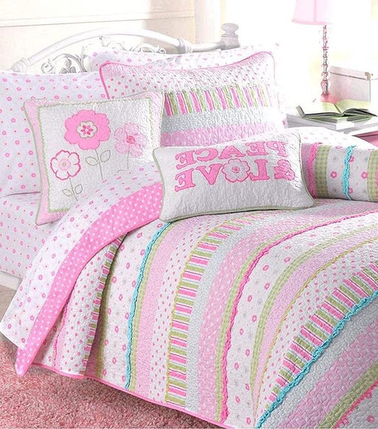 Cozy Line Home Fashions Pink Ruffle Flowers Polka Dot Girl 100% Cotton Reversible Quilt Bedding Set, Coverlet, Bedspread for All Seasons (Queen - 6 Piece)