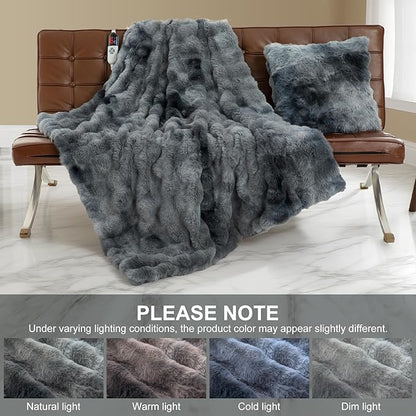 Faux Fur Electric Blanket Full Size 72"X84" - Bubble Faux Fur Heated Blanket Fluffy Soft Fuzzy with 6 Fast Heating Levels & 10 hrs Timer Settings, Washable & ETL Certified for Bed, Tie-Dye Blue