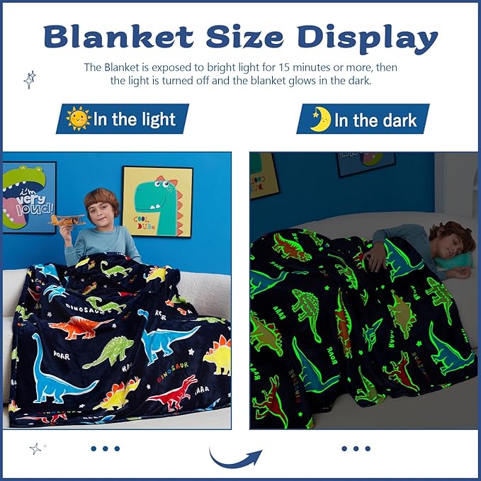 QSTEHEML Dinosaur Glow in The Dark Blanket,Dinosaur Gifts Toys for Boys Age 3 4 5 6 7 8 9 10 11 12 Year Old, Soft Throw Blanket for Kids Boys- Christmas Birthday Bedroom Decor 50"×60"