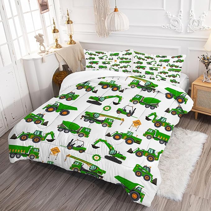 Comforter Set Green Tractor: Full Size Cartoon Excavator Truck Car Bedding Sets for Boys Kids Teens Toddler Construction Vehicles Quilt Bed Set with 1 Comforter & 2 Pillowcases