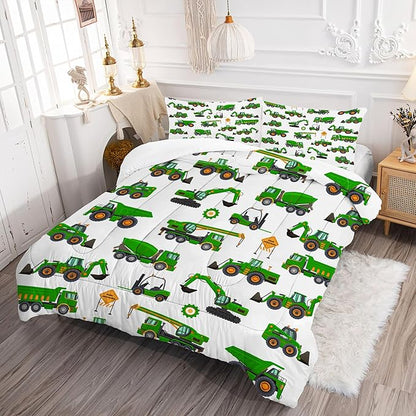 Comforter Set Green Tractor: Twin Size Cartoon Excavator Truck Car Bedding Sets for Boys Kids Teens Toddler Construction Vehicles Quilt Bed Set with 1 Comforter & 1 Pillow Case